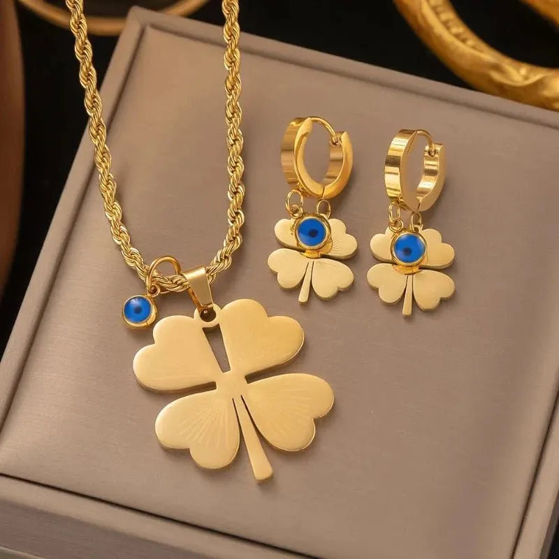 Four-leaf Clover Earrings Necklace Set For Women Drop Pendant Jewelry