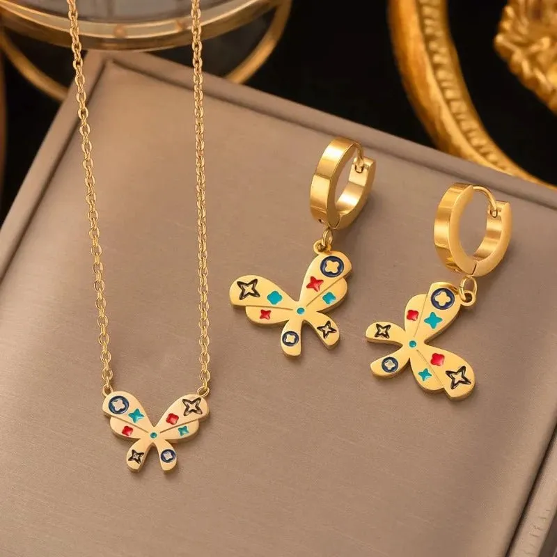 Four-leaf Clover Earrings Necklace Set For Women Drop Pendant Jewelry
