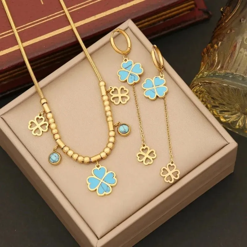 Four-leaf Clover Earrings Necklace Set For Women Drop Pendant Jewelry