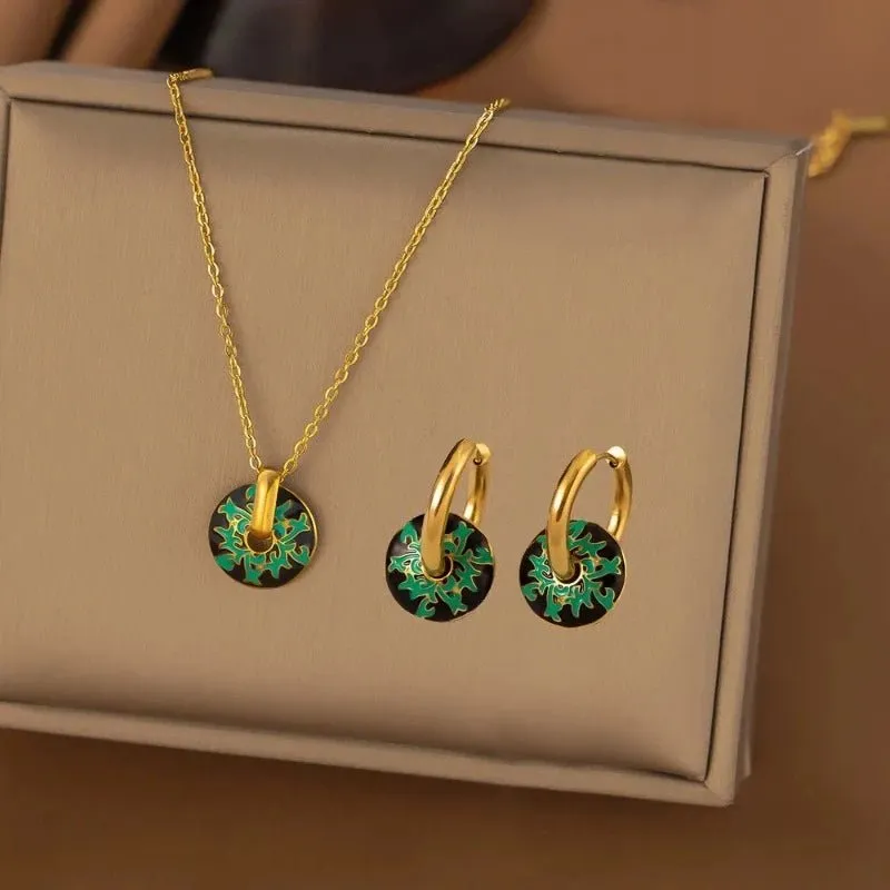 Four-leaf Clover Earrings Necklace Set For Women Drop Pendant Jewelry