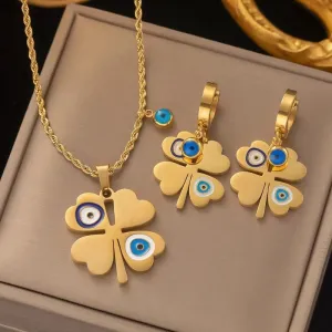 Four-leaf Clover Earrings Necklace Set For Women Drop Pendant Jewelry