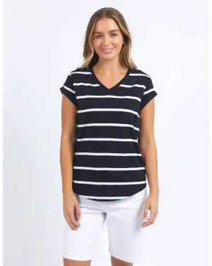 Foxwood Manly Stripe Vee Tee - Navy with White Stripe