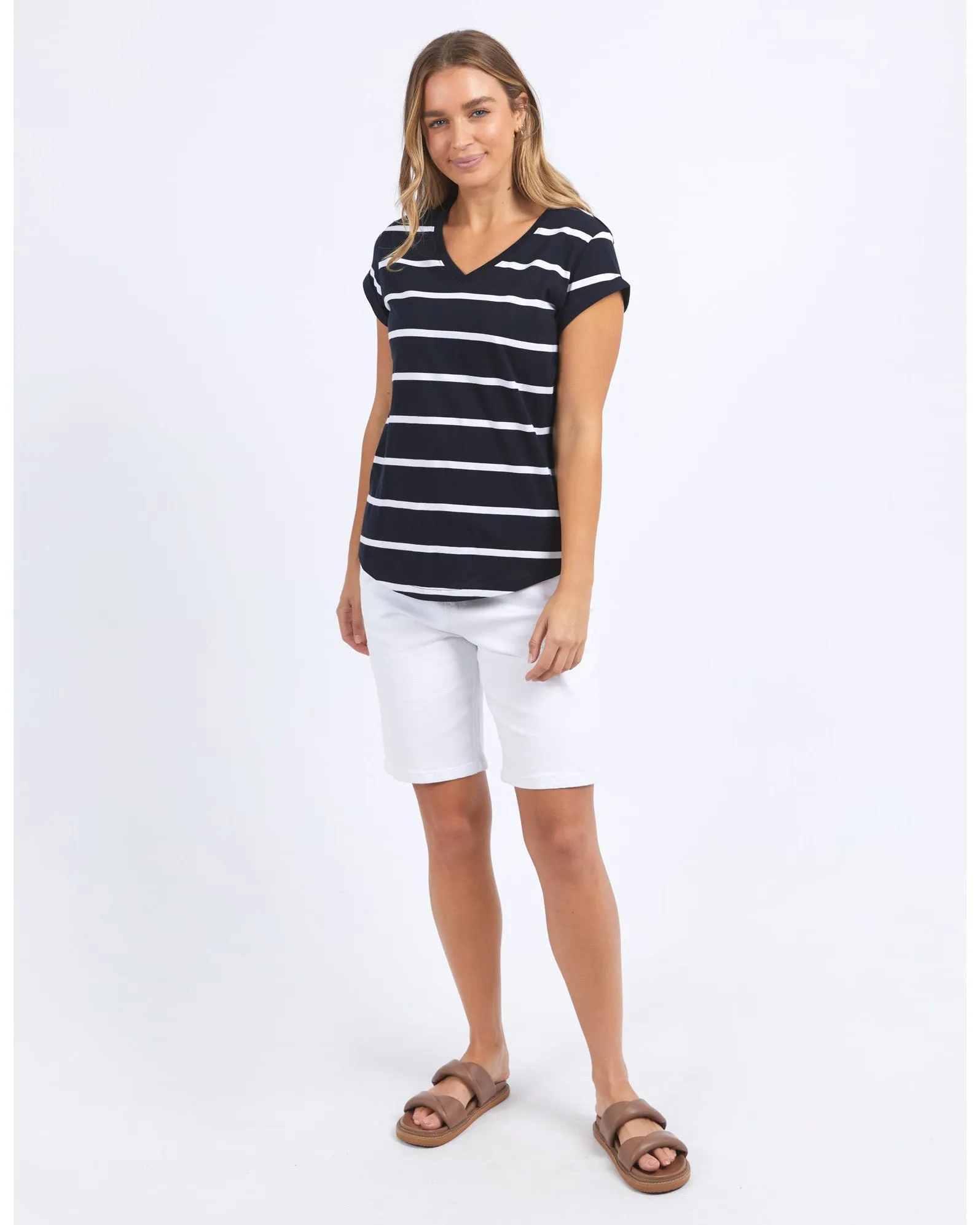 Foxwood Manly Stripe Vee Tee - Navy with White Stripe