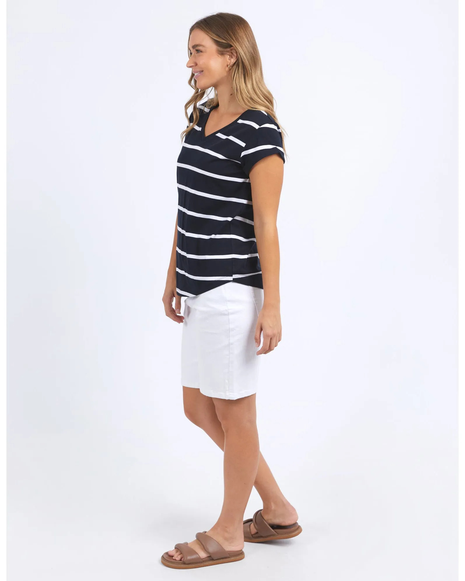 Foxwood Manly Stripe Vee Tee - Navy with White Stripe