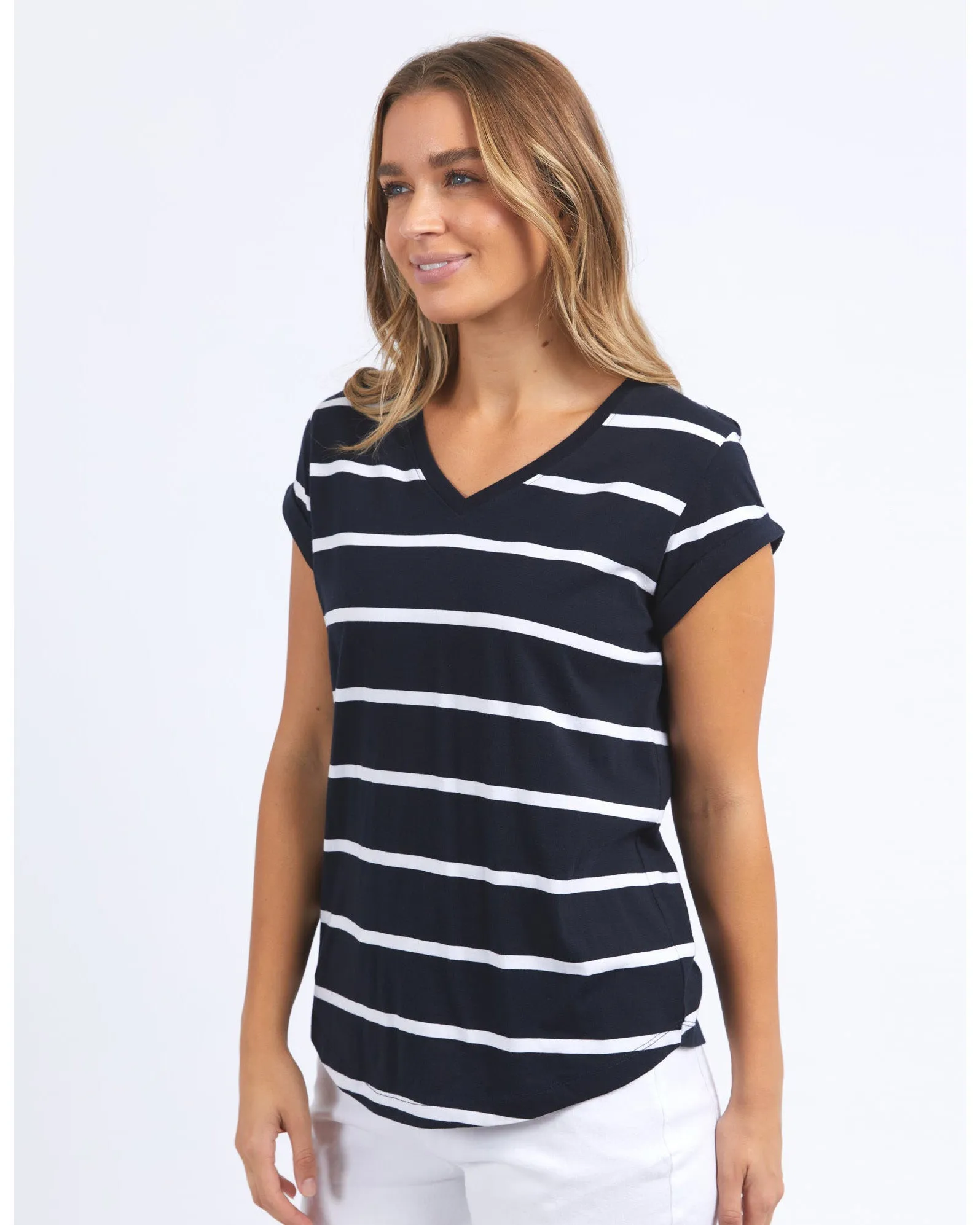 Foxwood Manly Stripe Vee Tee - Navy with White Stripe