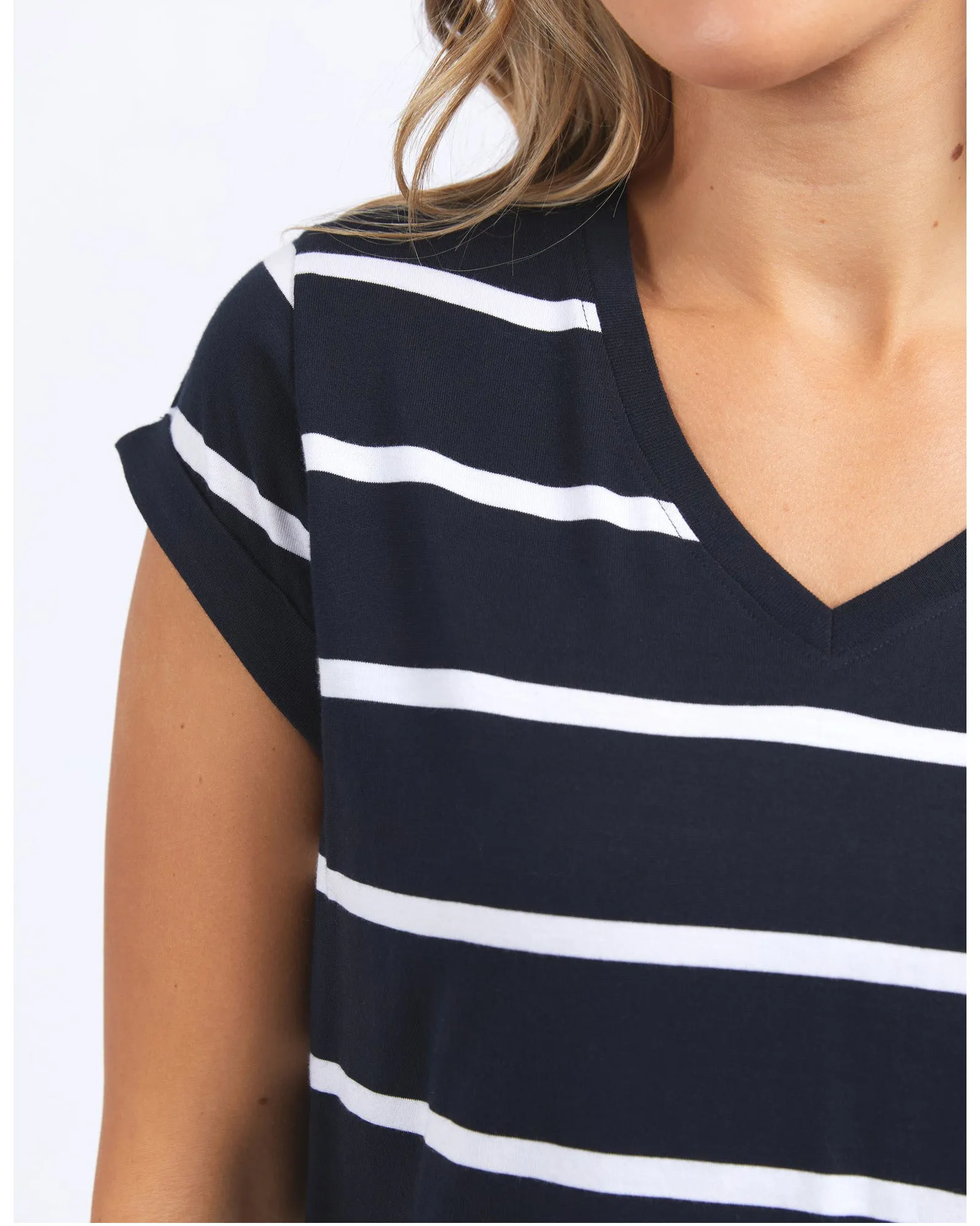 Foxwood Manly Stripe Vee Tee - Navy with White Stripe