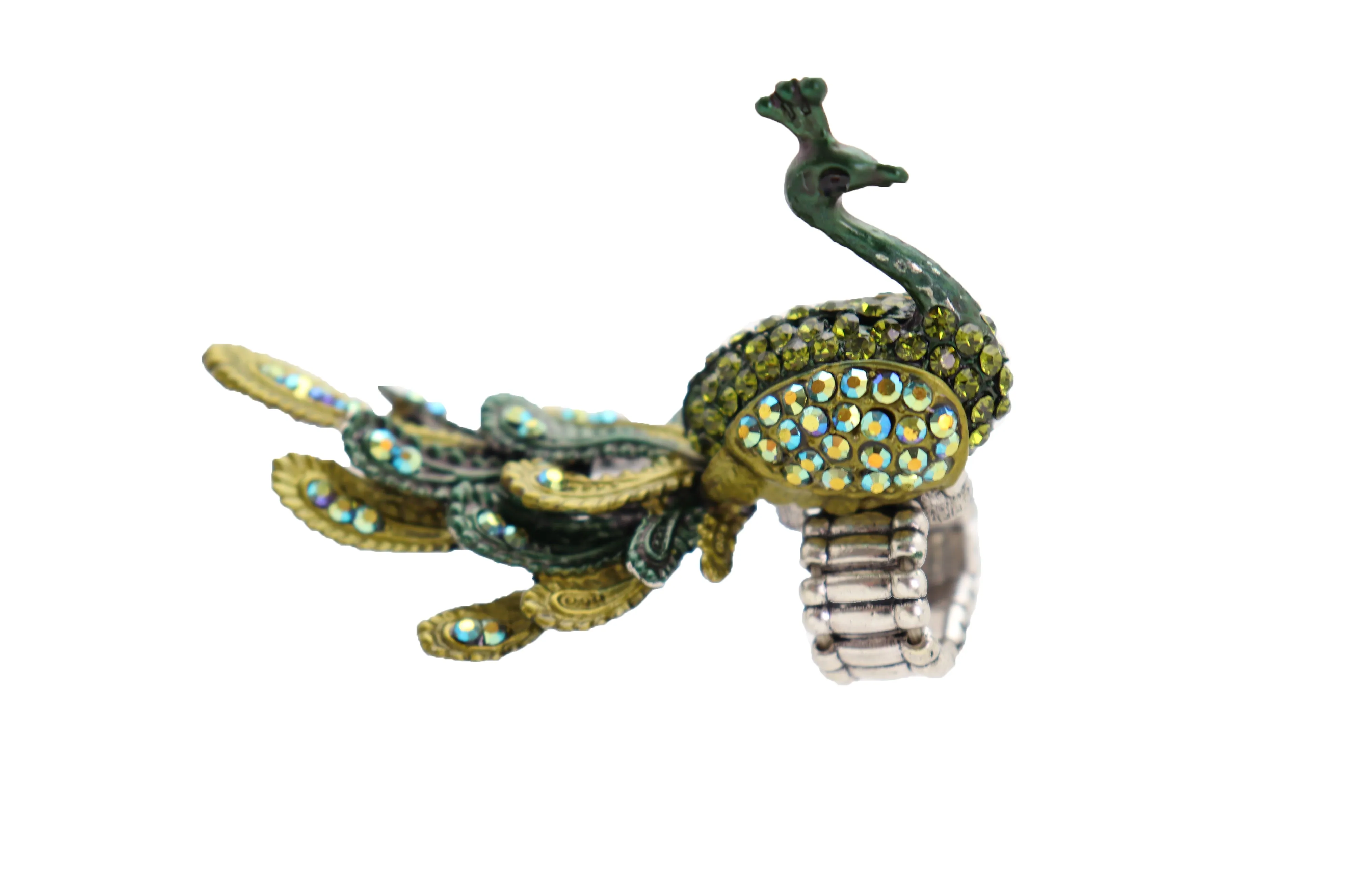 Green Color Peacock Fashion Ring Silver Metal Elastic Band Feathers Animal One Size Fits All