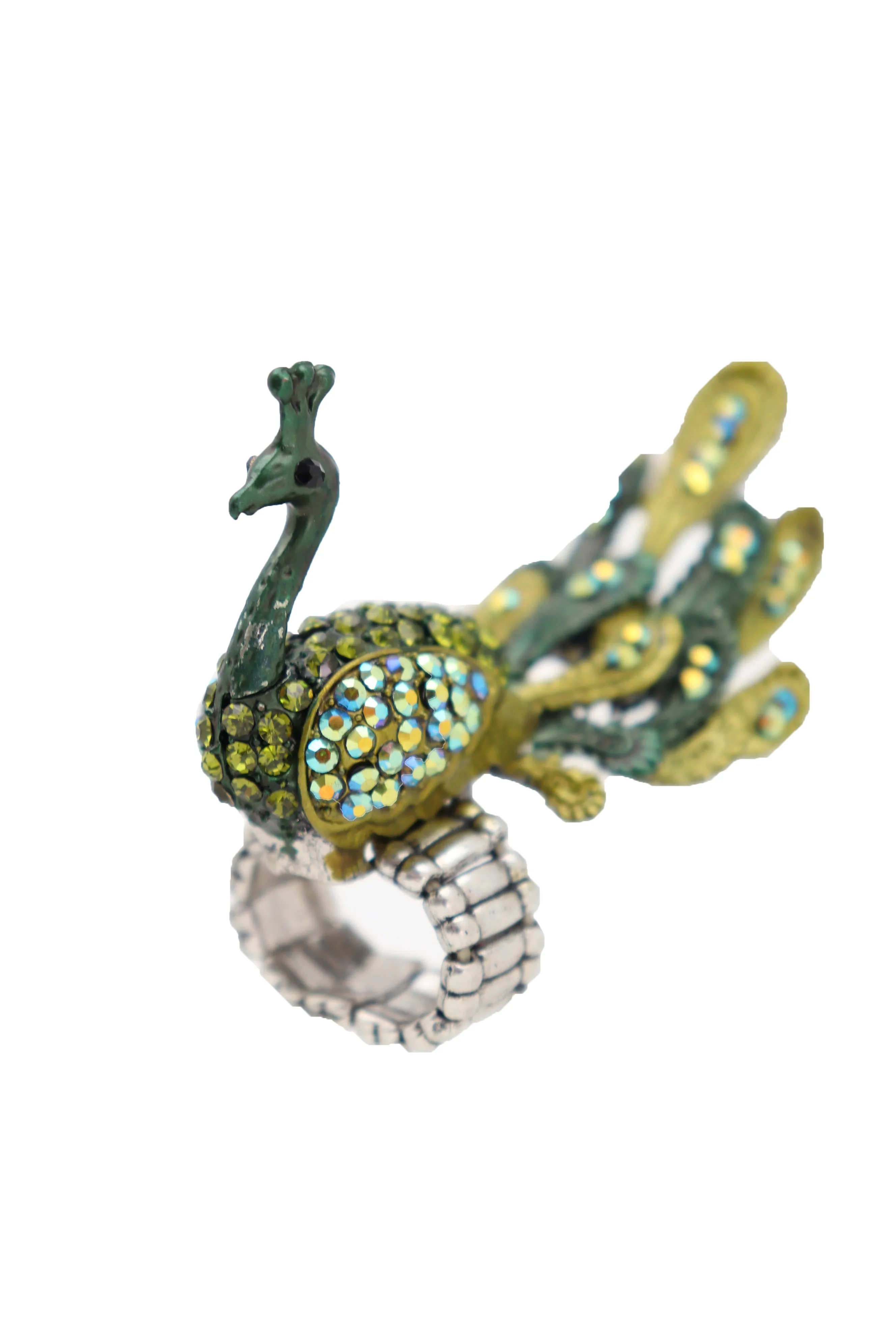 Green Color Peacock Fashion Ring Silver Metal Elastic Band Feathers Animal One Size Fits All