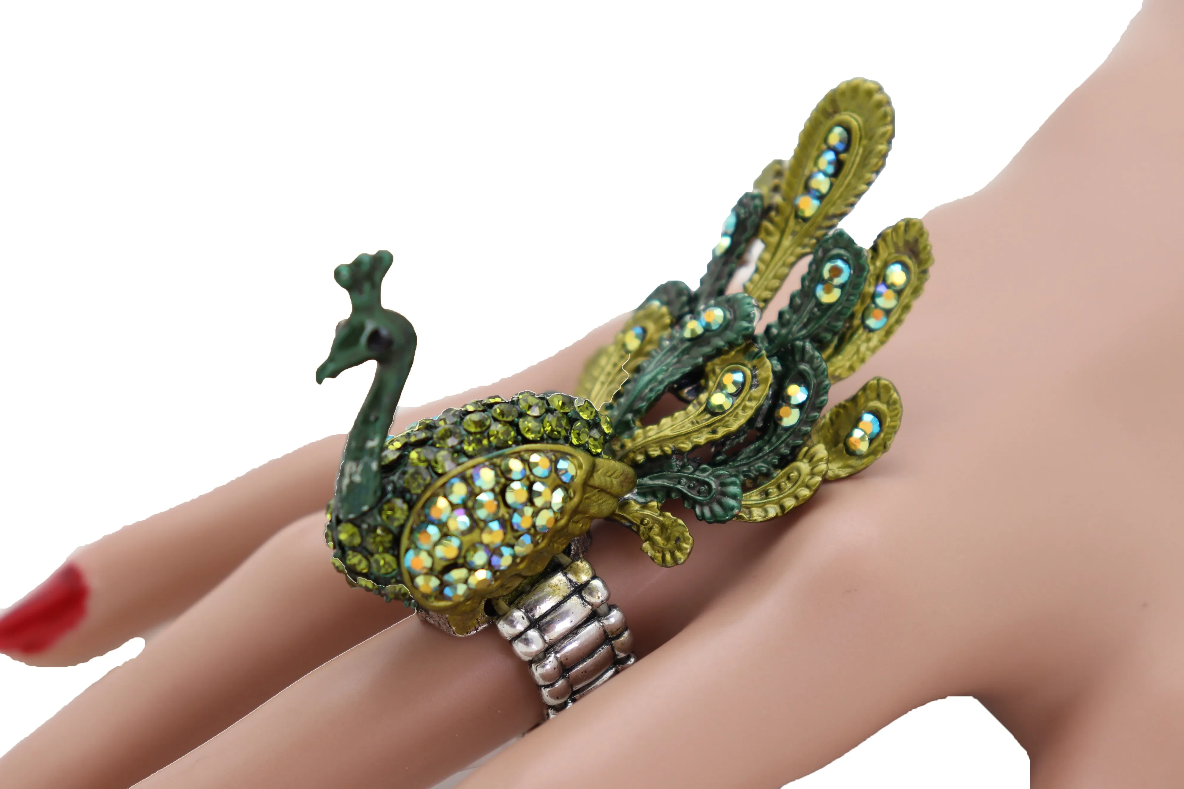 Green Color Peacock Fashion Ring Silver Metal Elastic Band Feathers Animal One Size Fits All