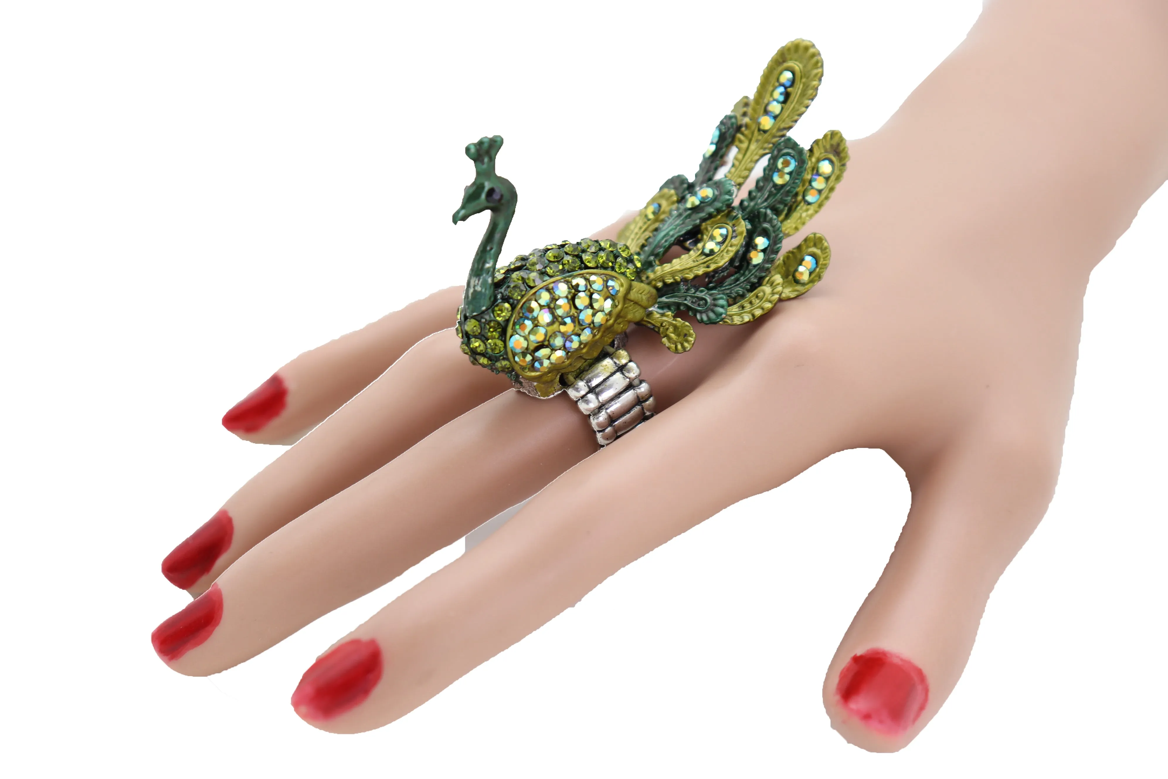 Green Color Peacock Fashion Ring Silver Metal Elastic Band Feathers Animal One Size Fits All