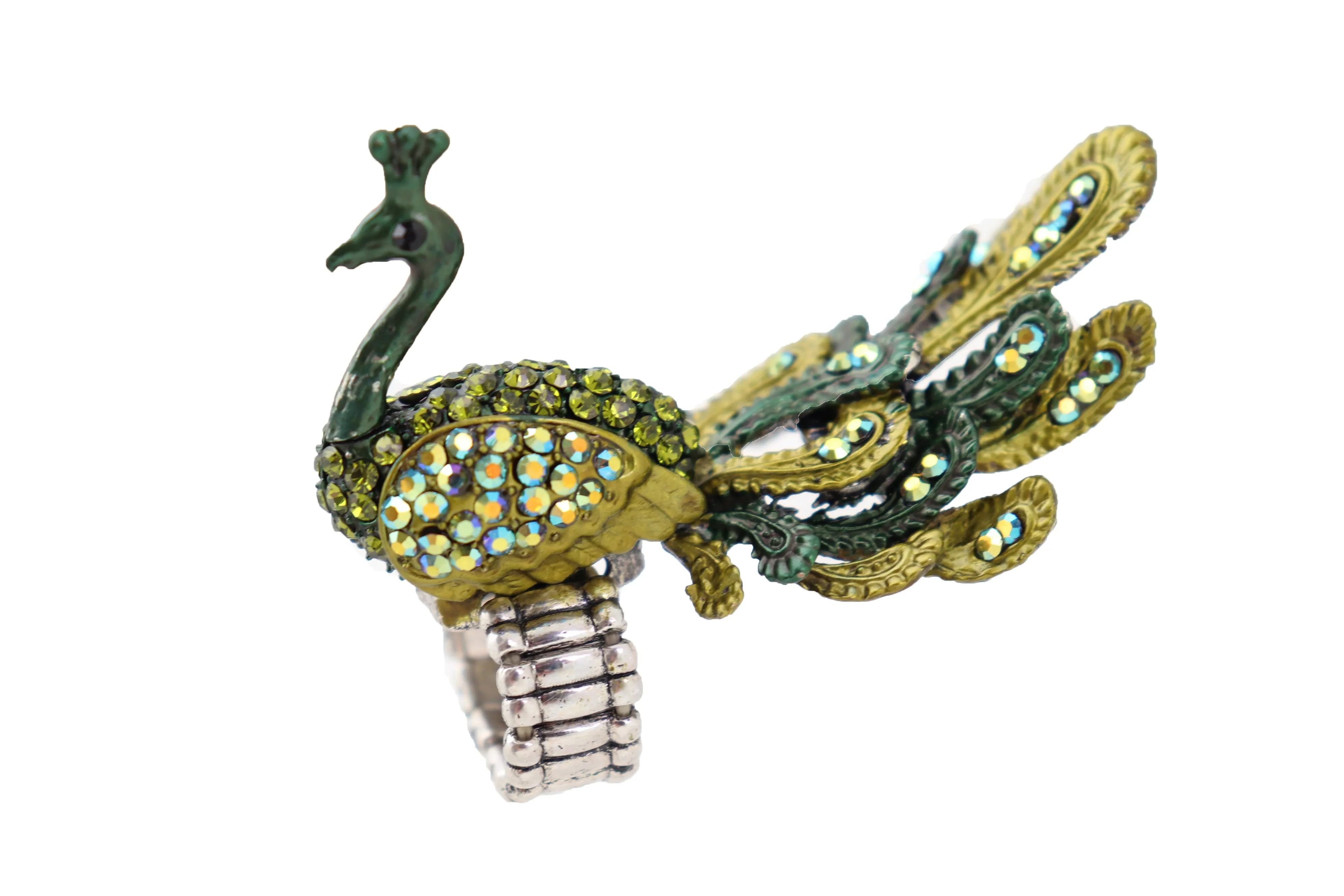 Green Color Peacock Fashion Ring Silver Metal Elastic Band Feathers Animal One Size Fits All