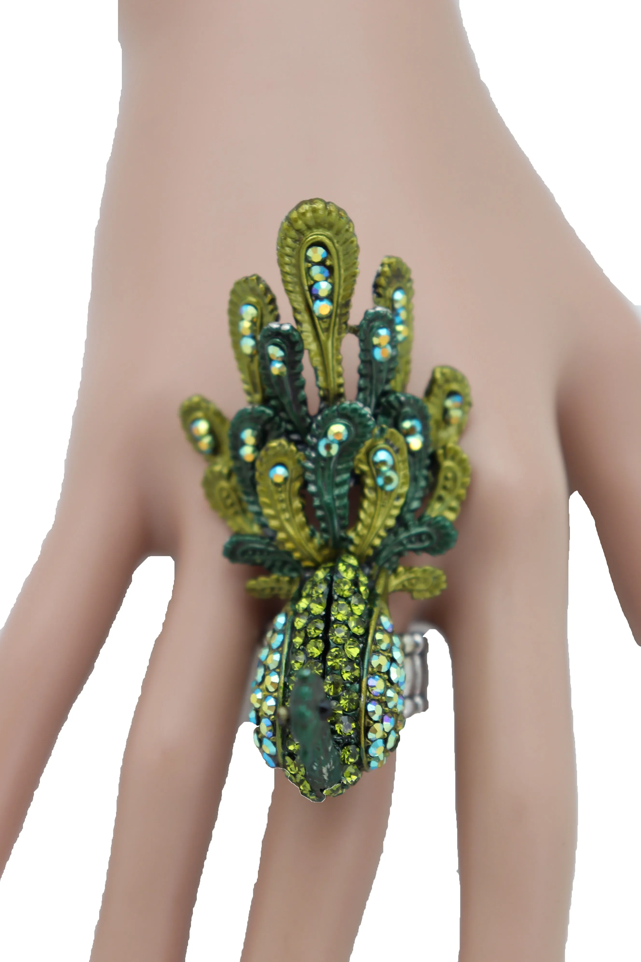 Green Color Peacock Fashion Ring Silver Metal Elastic Band Feathers Animal One Size Fits All