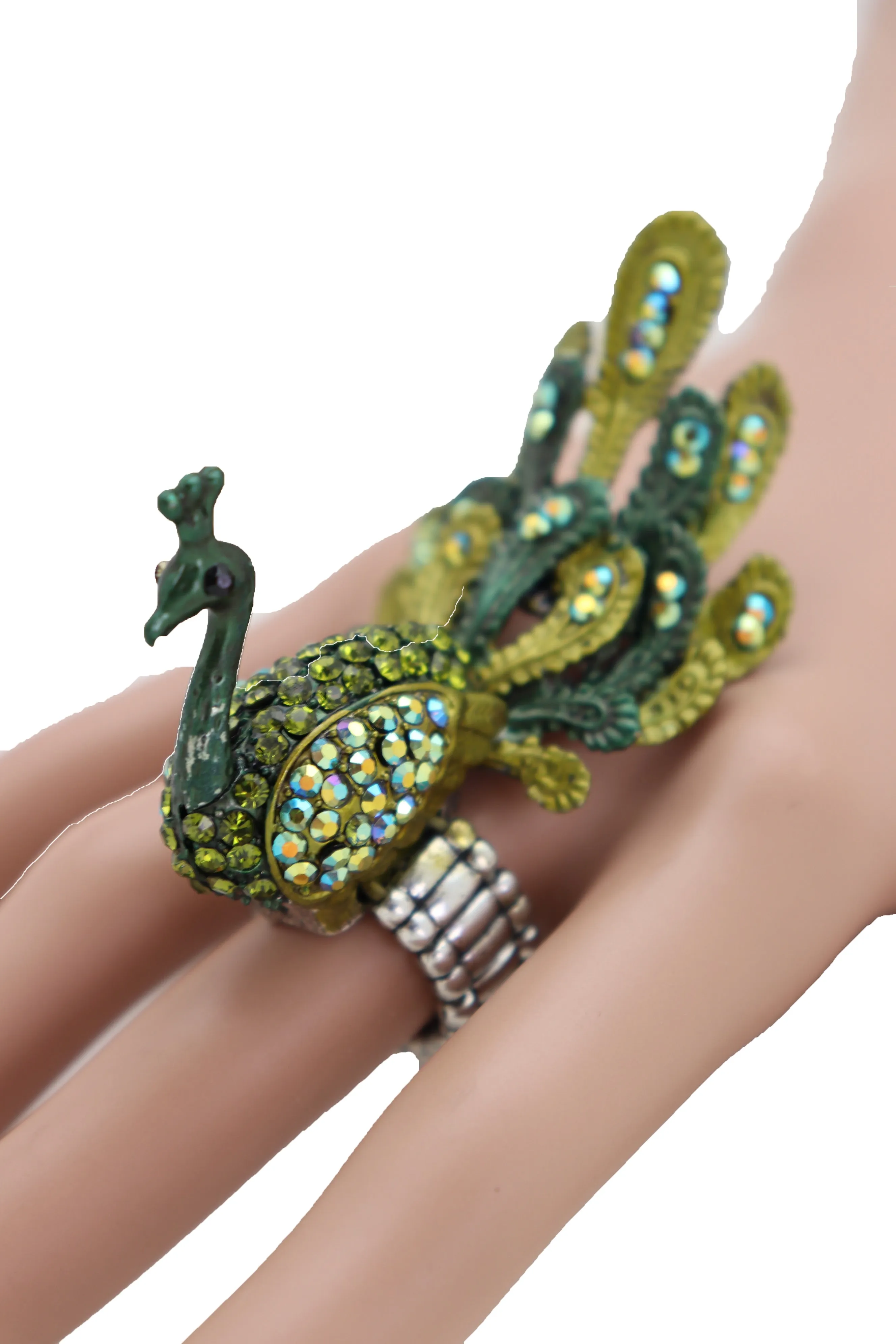 Green Color Peacock Fashion Ring Silver Metal Elastic Band Feathers Animal One Size Fits All