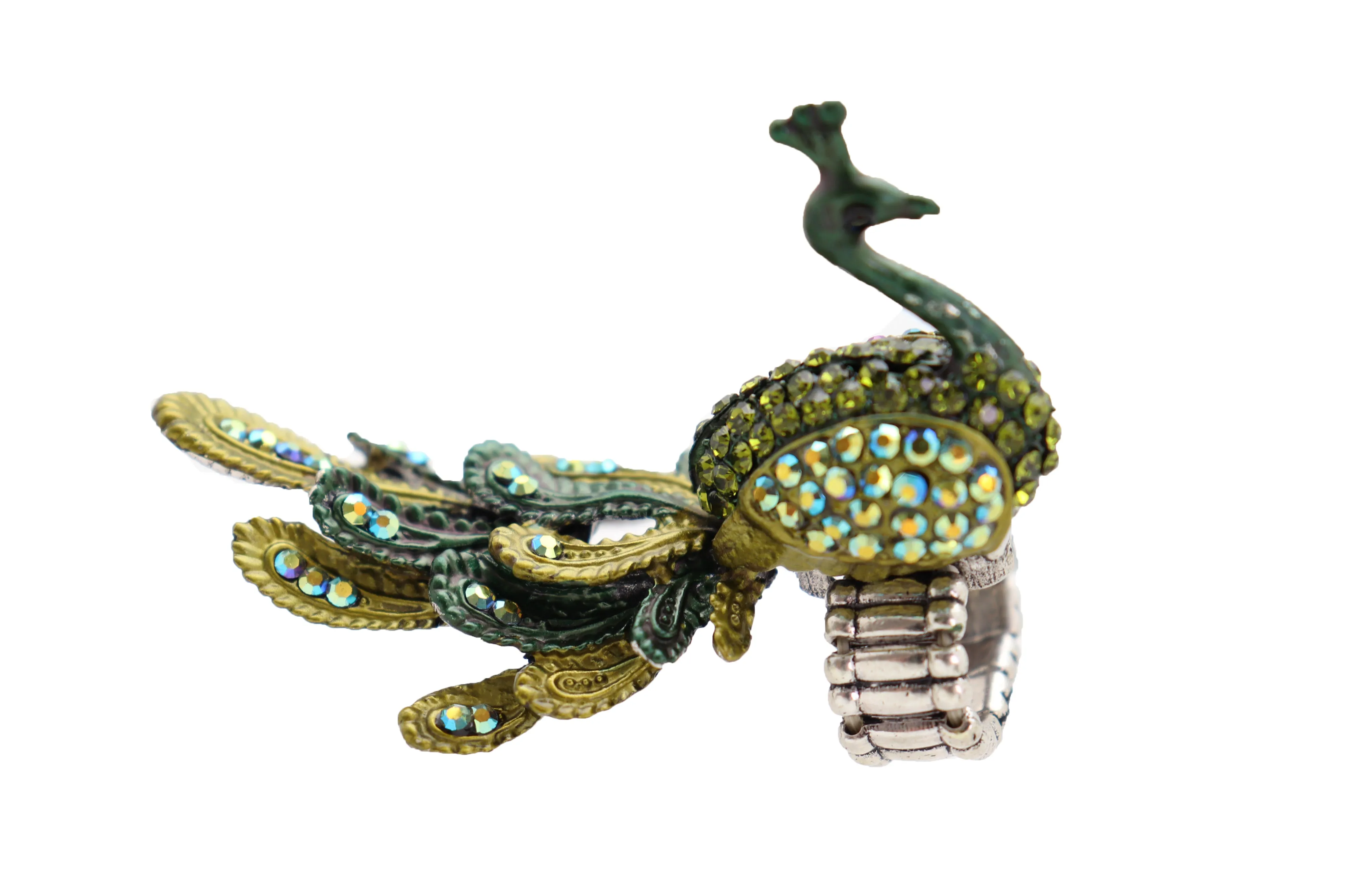 Green Color Peacock Fashion Ring Silver Metal Elastic Band Feathers Animal One Size Fits All