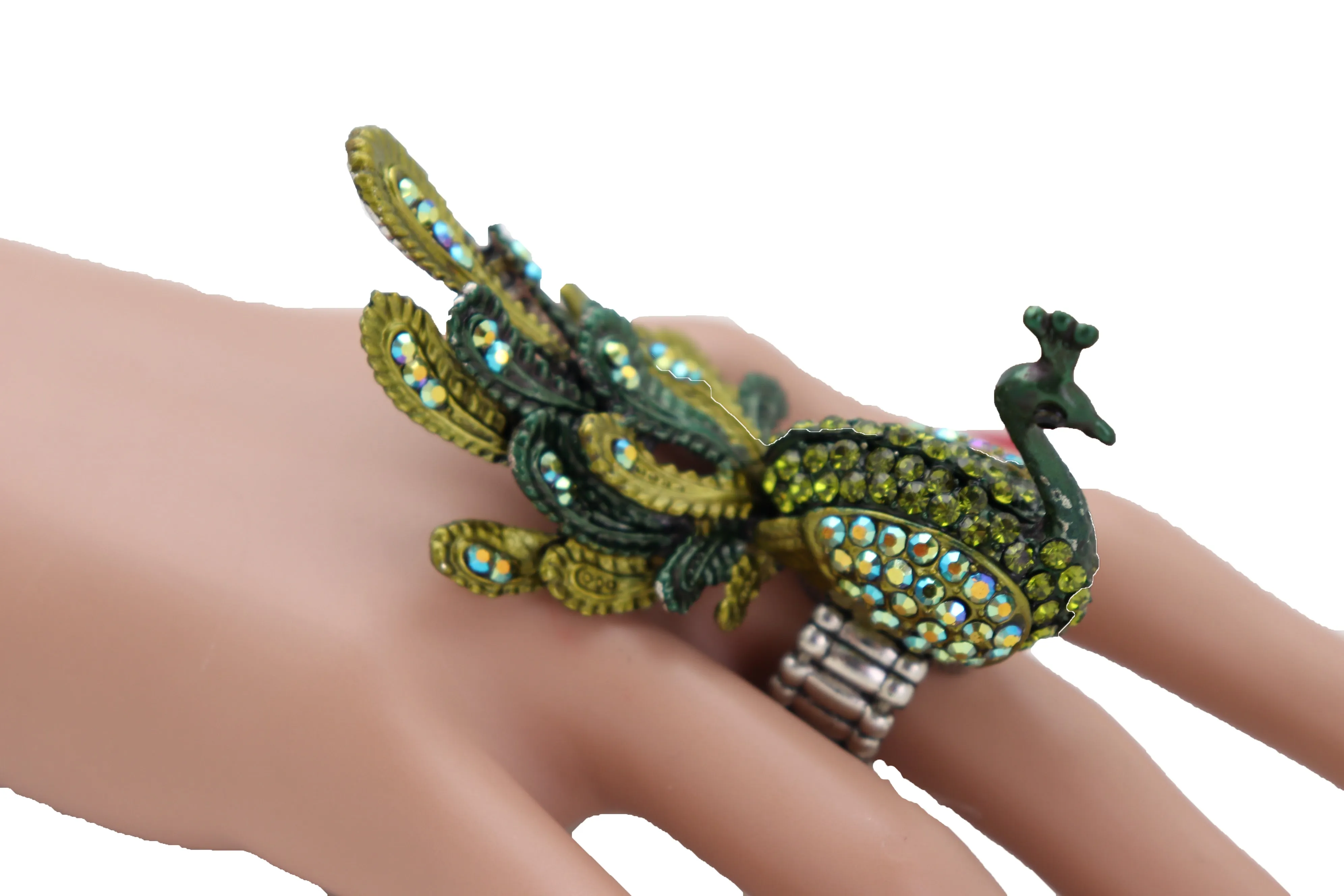 Green Color Peacock Fashion Ring Silver Metal Elastic Band Feathers Animal One Size Fits All