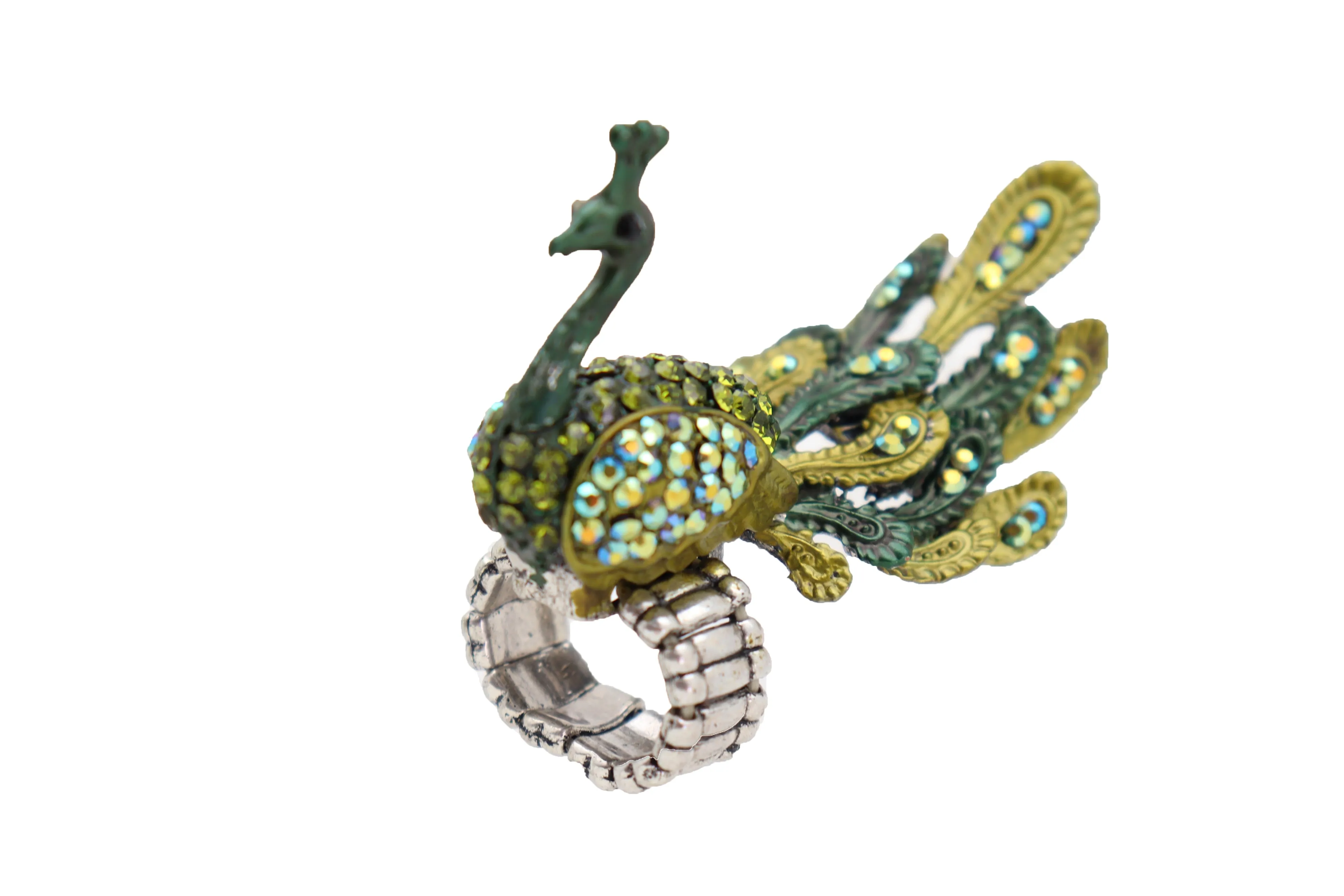 Green Color Peacock Fashion Ring Silver Metal Elastic Band Feathers Animal One Size Fits All