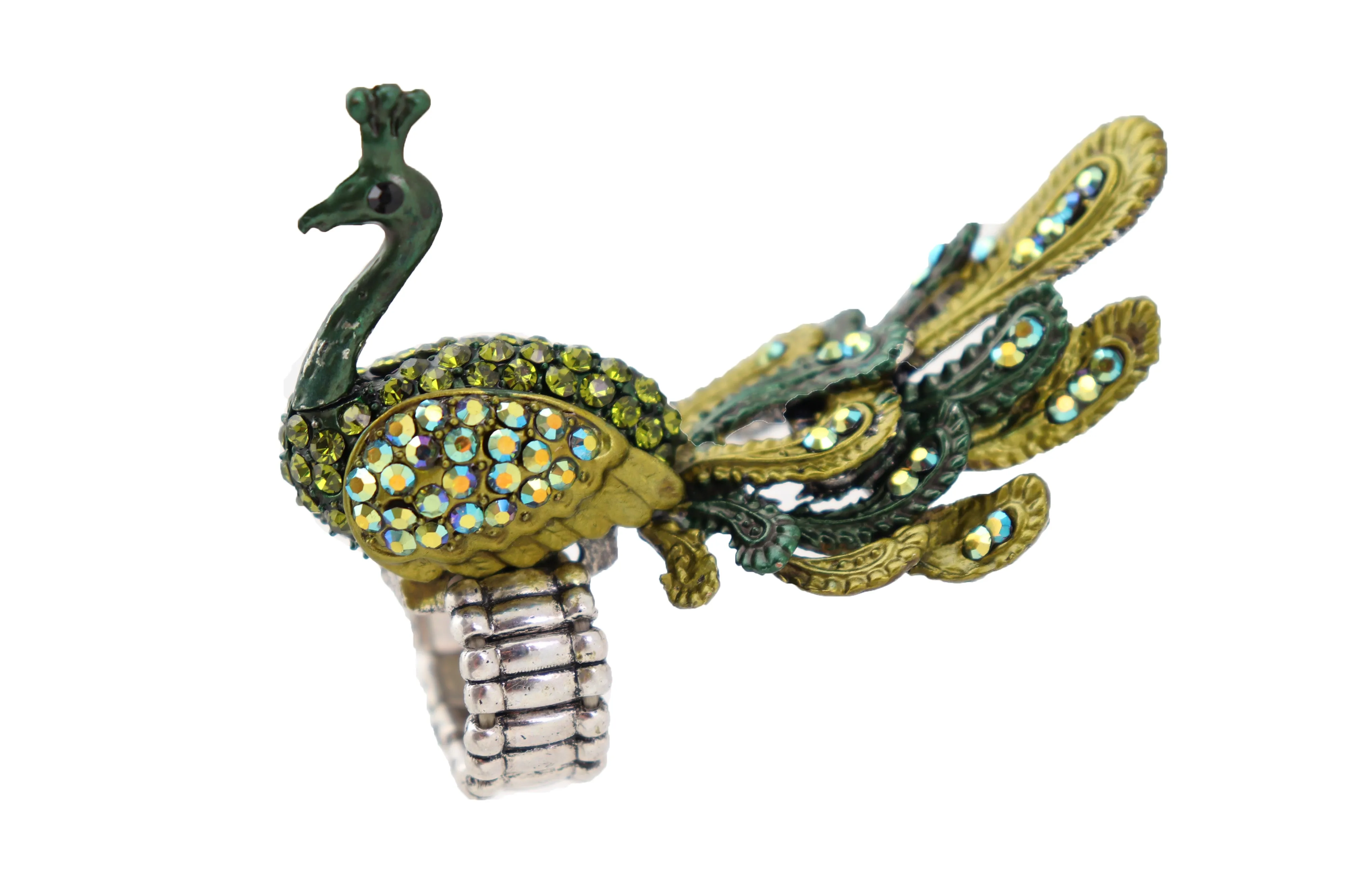 Green Color Peacock Fashion Ring Silver Metal Elastic Band Feathers Animal One Size Fits All