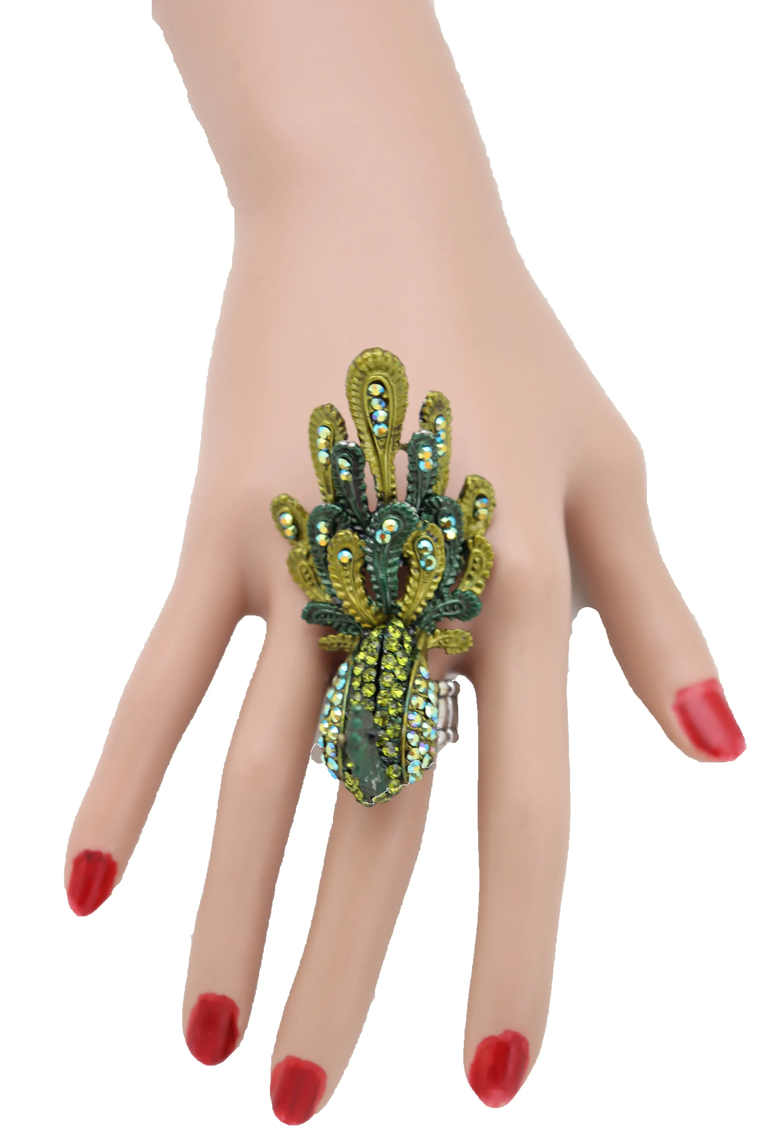 Green Color Peacock Fashion Ring Silver Metal Elastic Band Feathers Animal One Size Fits All