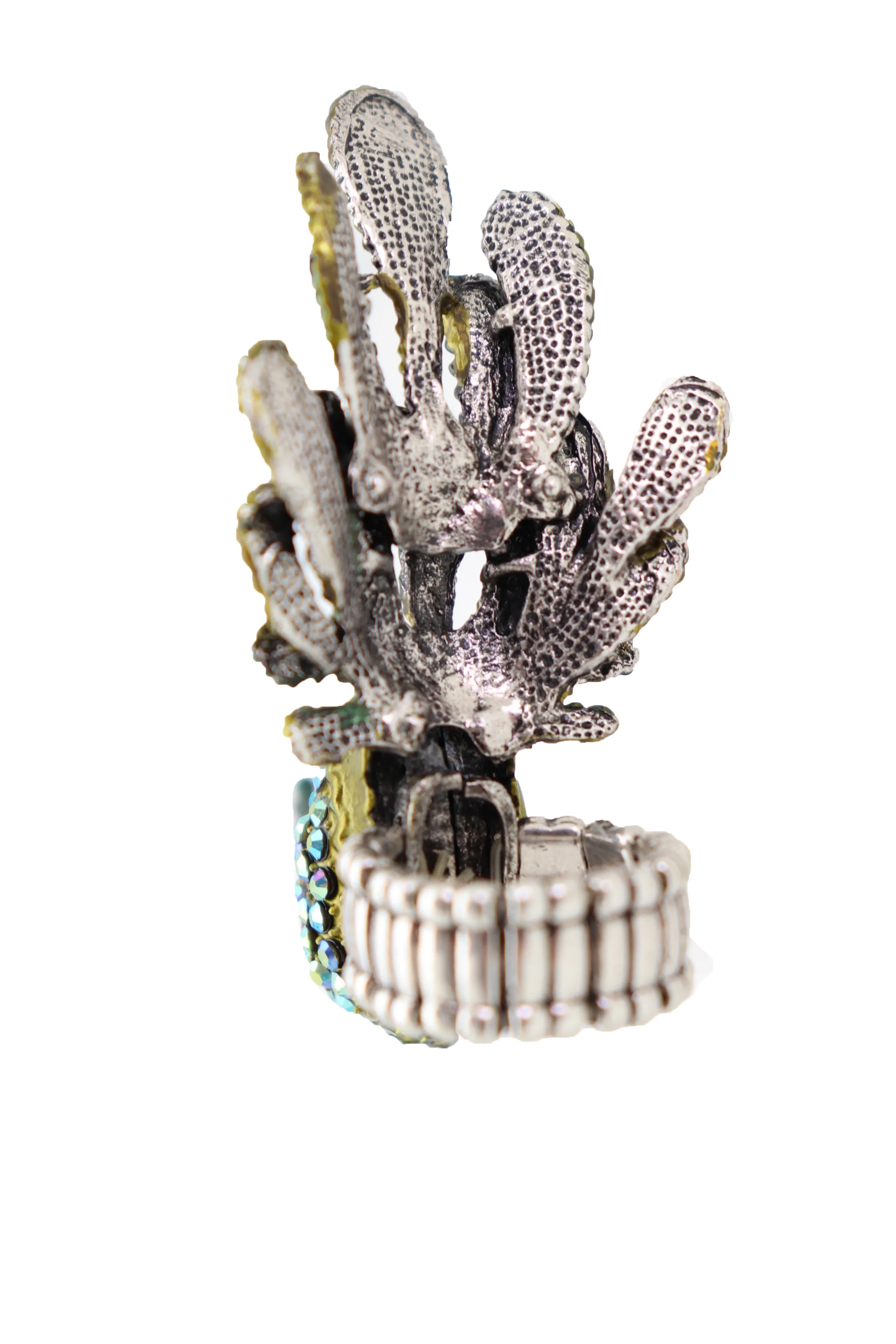 Green Color Peacock Fashion Ring Silver Metal Elastic Band Feathers Animal One Size Fits All