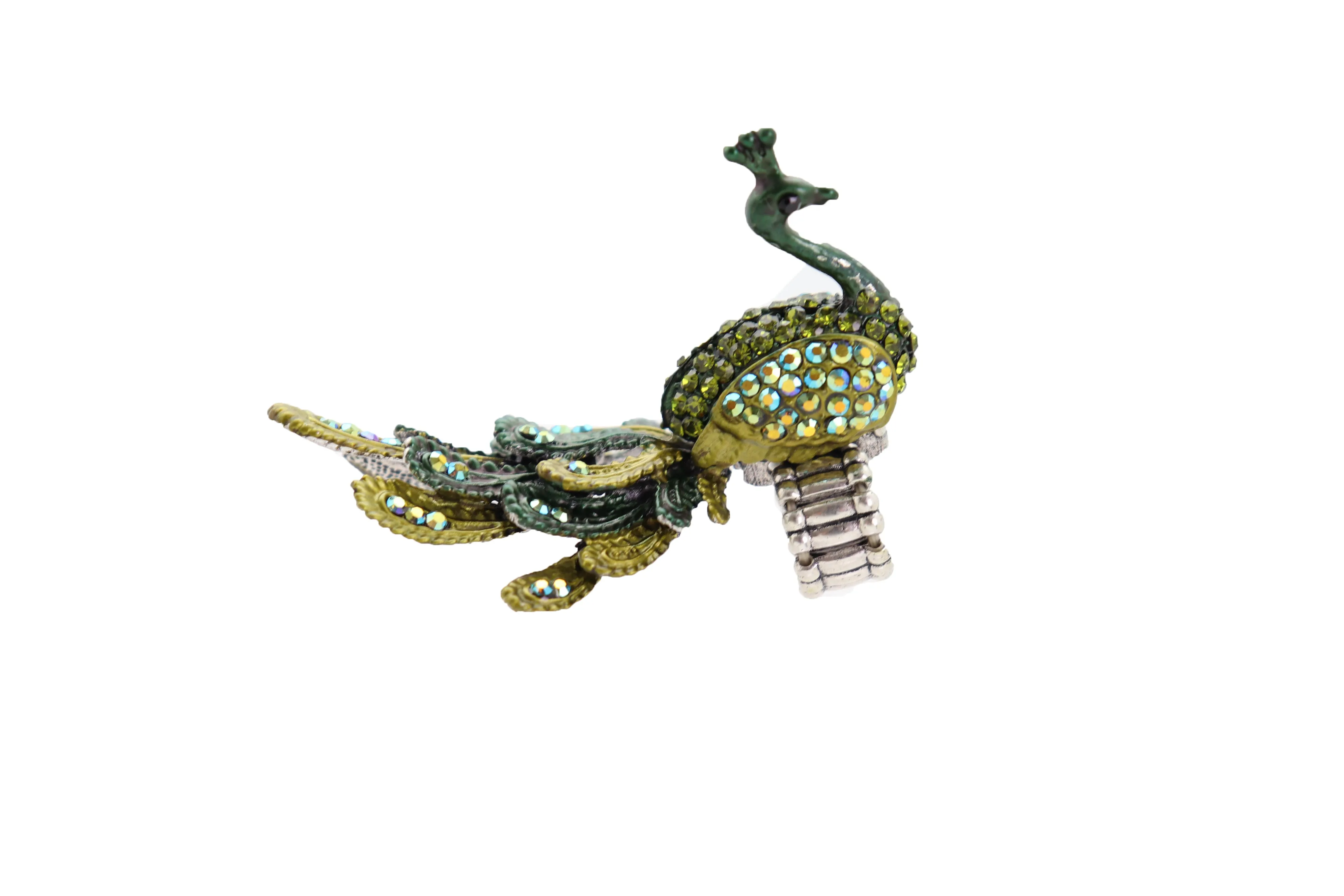 Green Color Peacock Fashion Ring Silver Metal Elastic Band Feathers Animal One Size Fits All