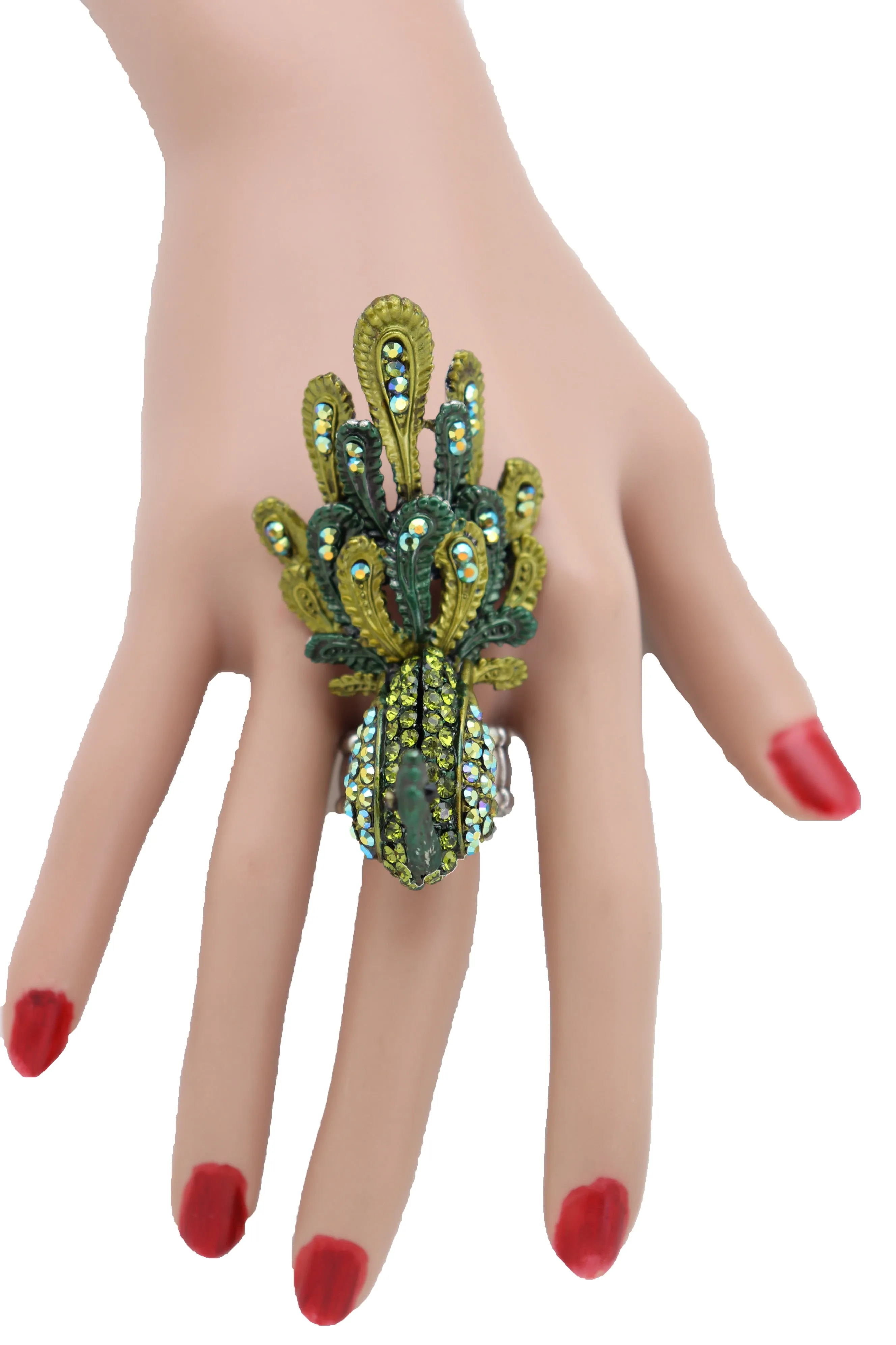 Green Color Peacock Fashion Ring Silver Metal Elastic Band Feathers Animal One Size Fits All
