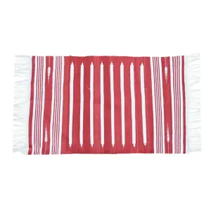 Handwoven Red and White Stripe Minimalistic Cotton Rug with Fringes