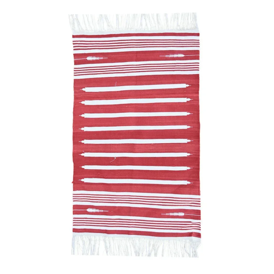 Handwoven Red and White Stripe Minimalistic Cotton Rug with Fringes