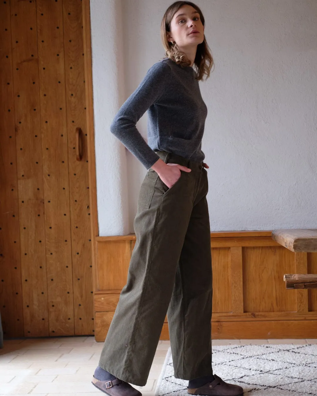 Harper Cotton Wide Leg Trousers | Olive Cord