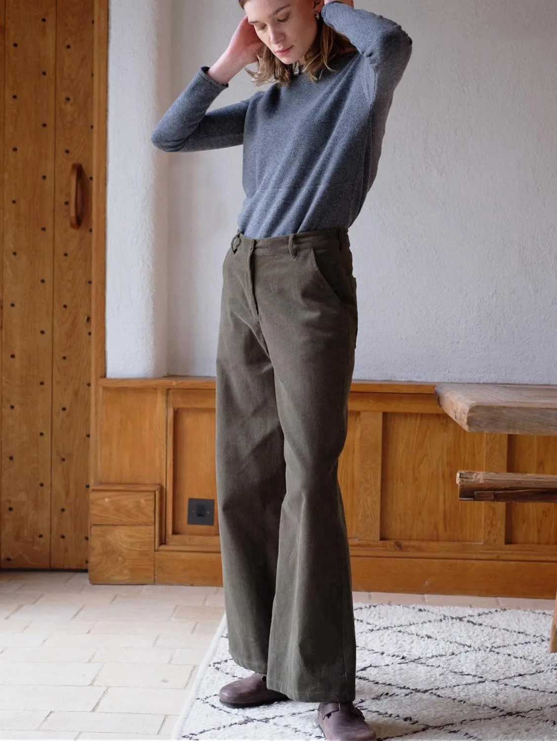 Harper Cotton Wide Leg Trousers | Olive Cord