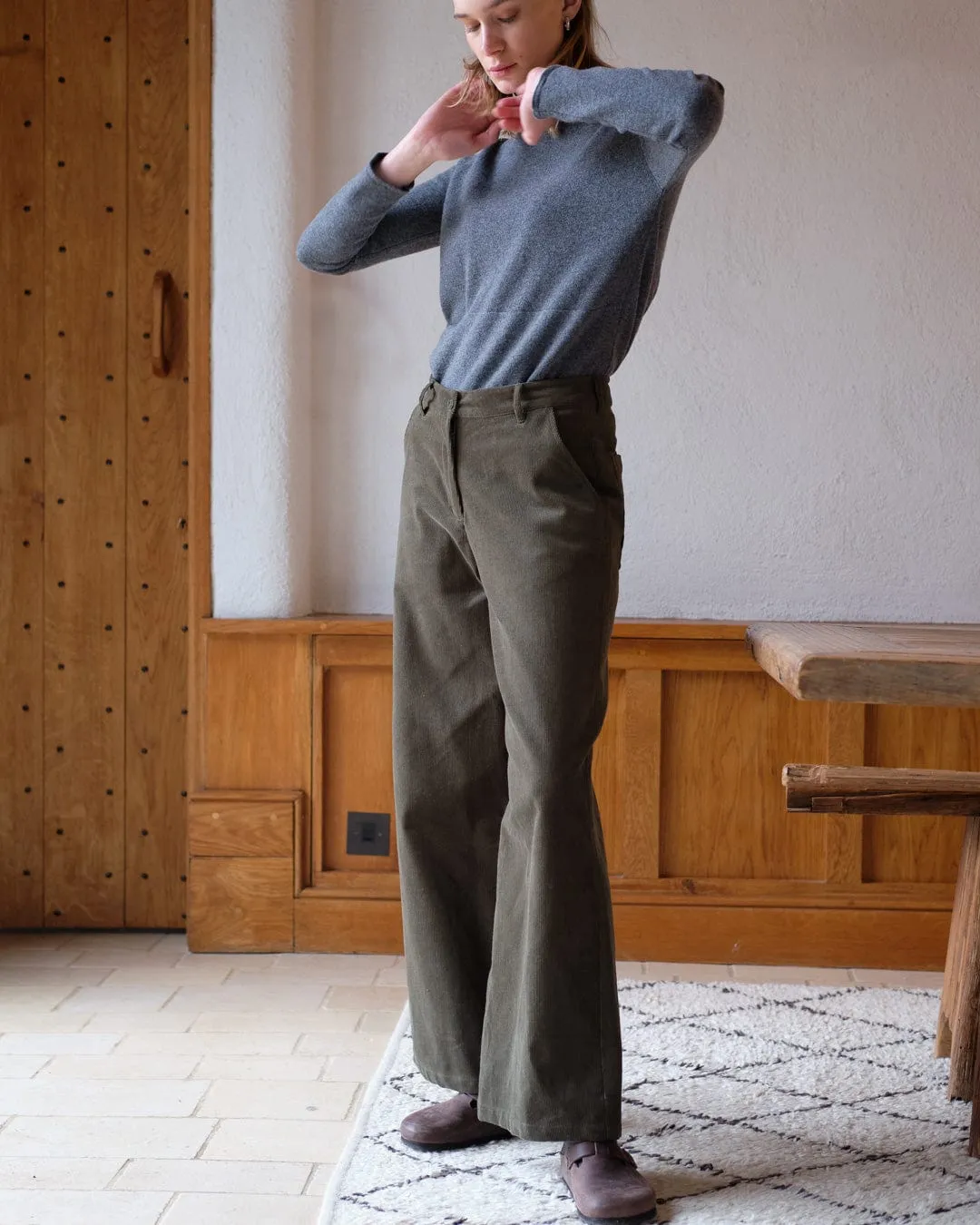 Harper Cotton Wide Leg Trousers | Olive Cord