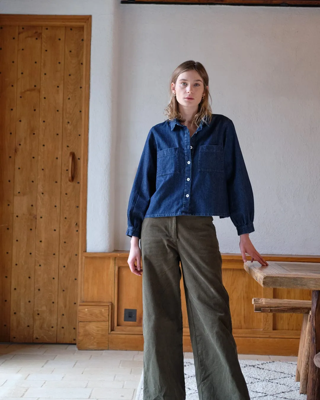 Harper Cotton Wide Leg Trousers | Olive Cord