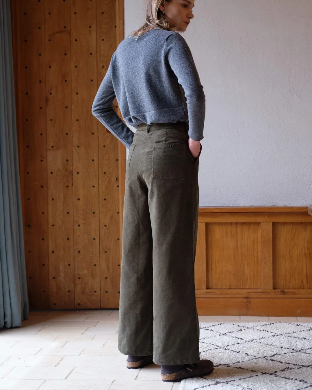 Harper Cotton Wide Leg Trousers | Olive Cord