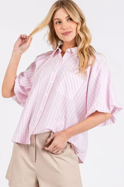 Hazel Blues® |  Mittoshop Button Down Striped Puff Sleeve Shirt