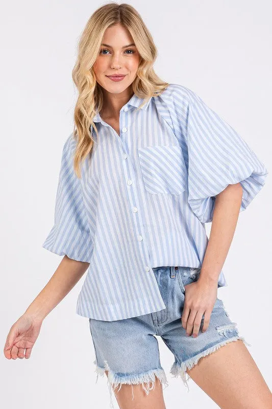 Hazel Blues® |  Mittoshop Button Down Striped Puff Sleeve Shirt