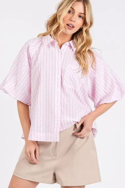 Hazel Blues® |  Mittoshop Button Down Striped Puff Sleeve Shirt
