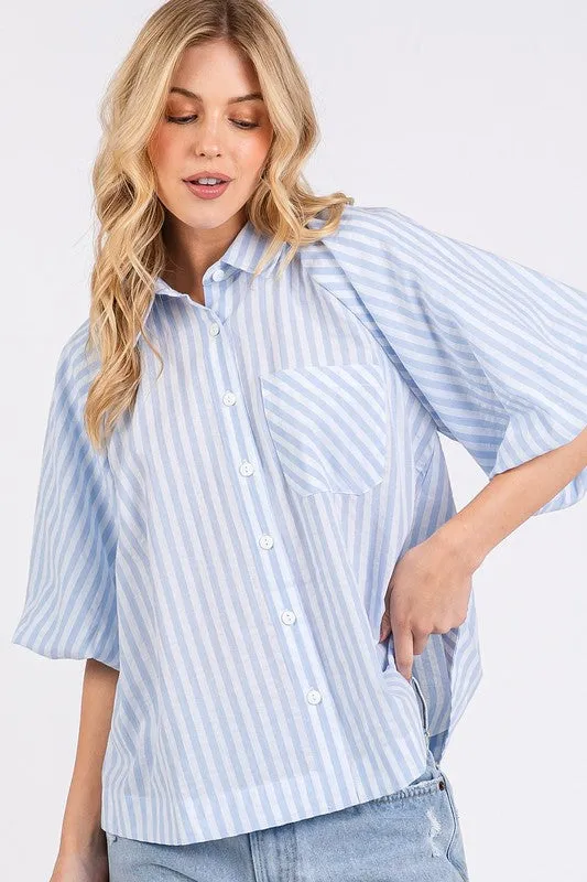 Hazel Blues® |  Mittoshop Button Down Striped Puff Sleeve Shirt