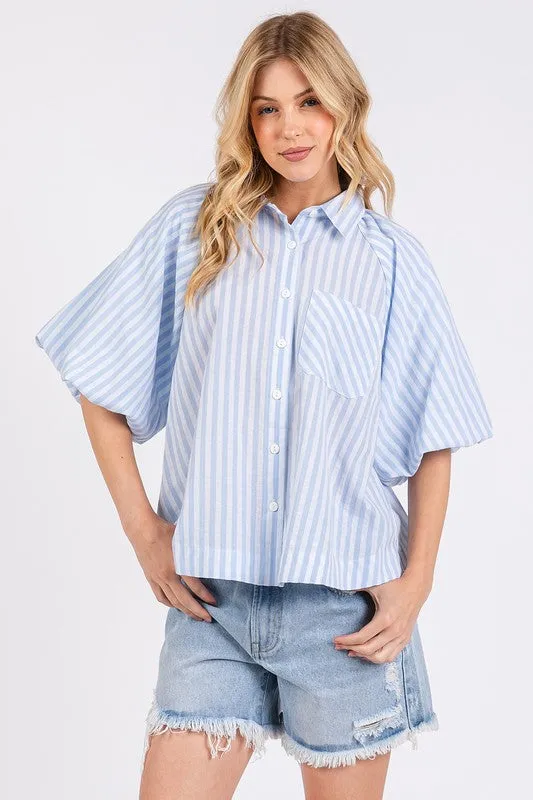 Hazel Blues® |  Mittoshop Button Down Striped Puff Sleeve Shirt