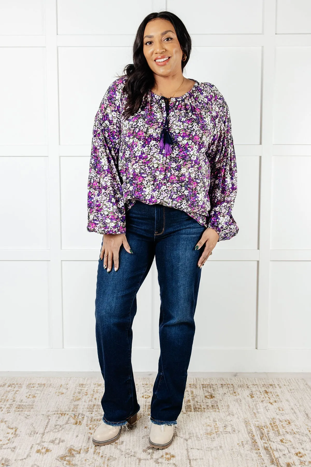 Hazel Blues® |  Pulled Together Ditsy Floral Bubble Sleeve Blouse