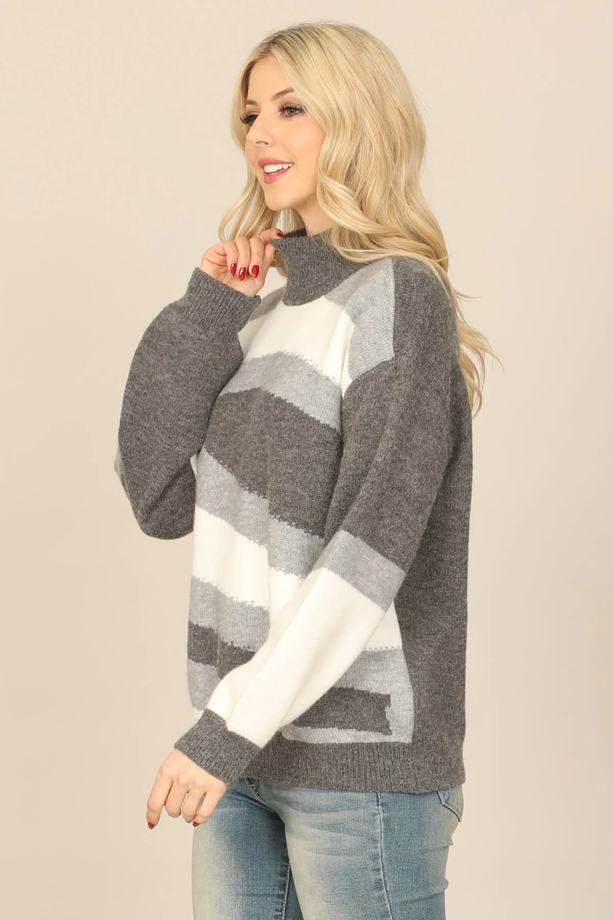 HIGH NECK LONG PUFF SLEEVE KNITTED PATTERN TOP