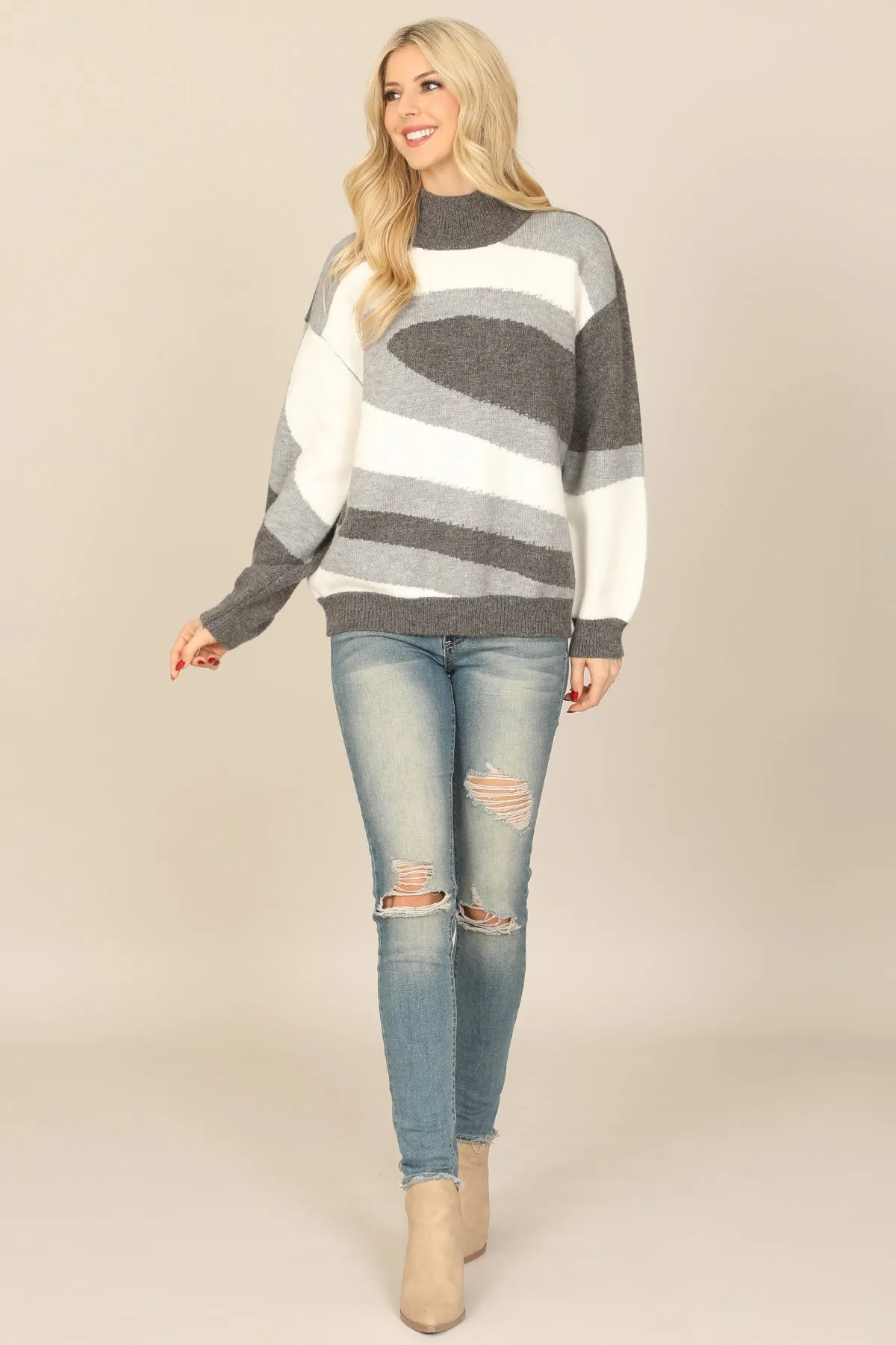 HIGH NECK LONG PUFF SLEEVE KNITTED PATTERN TOP