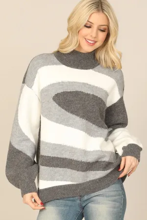 HIGH NECK LONG PUFF SLEEVE KNITTED PATTERN TOP