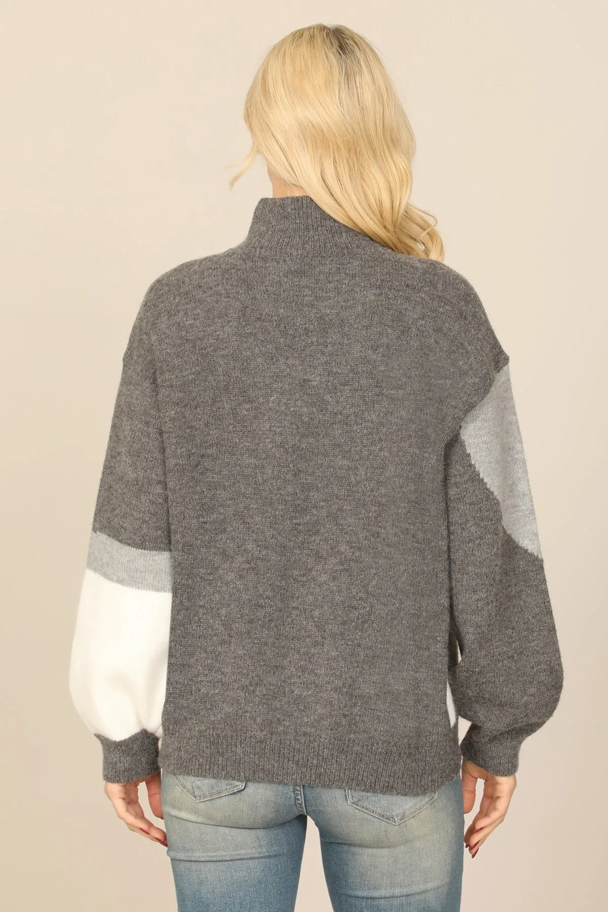HIGH NECK LONG PUFF SLEEVE KNITTED PATTERN TOP