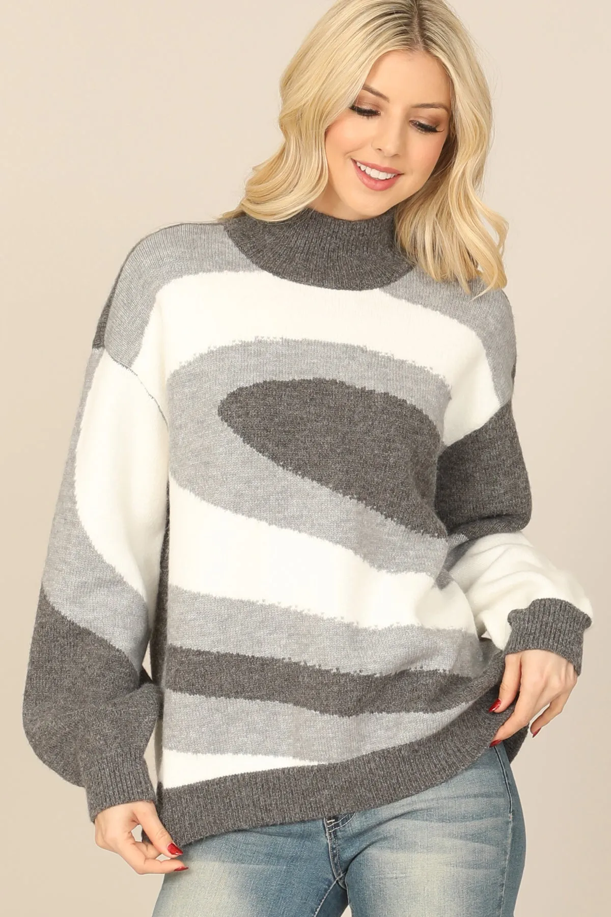 HIGH NECK LONG PUFF SLEEVE KNITTED PATTERN TOP