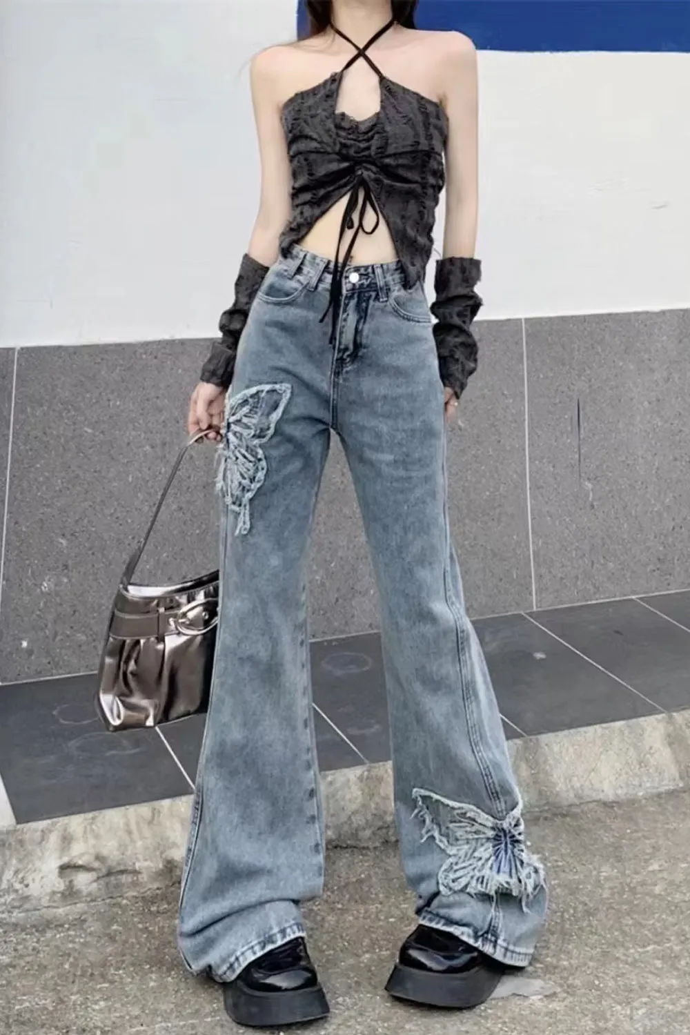 High Waist Lace Butterfly Pattern Jeans Pants