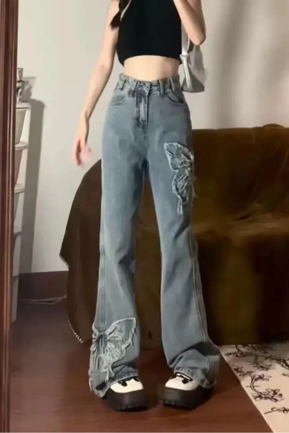 High Waist Lace Butterfly Pattern Jeans Pants