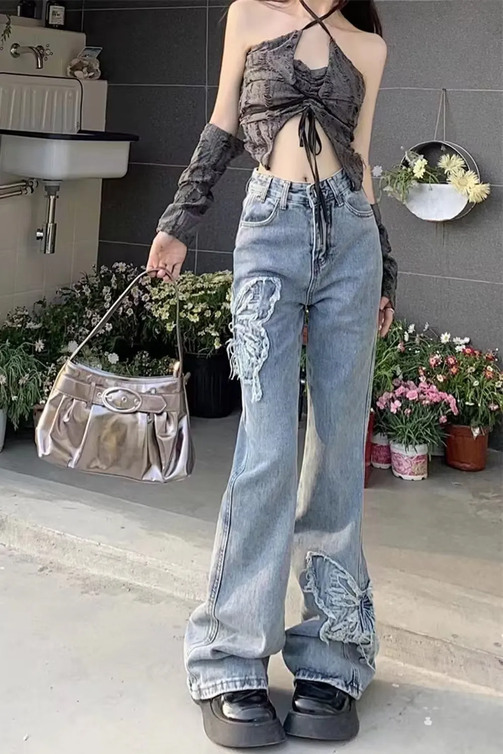 High Waist Lace Butterfly Pattern Jeans Pants