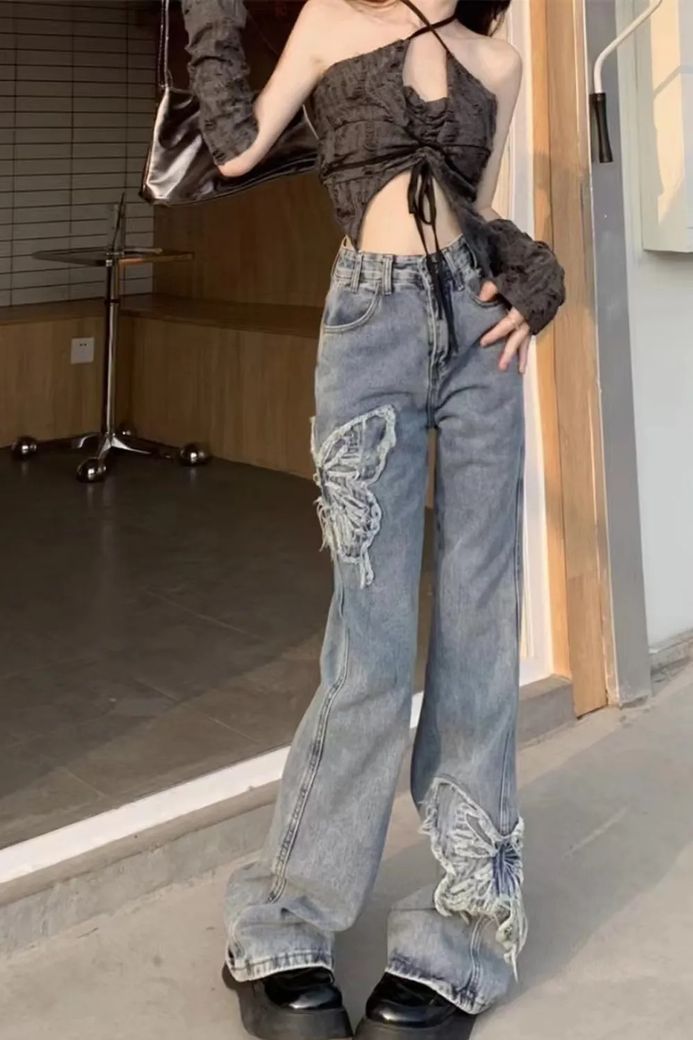 High Waist Lace Butterfly Pattern Jeans Pants