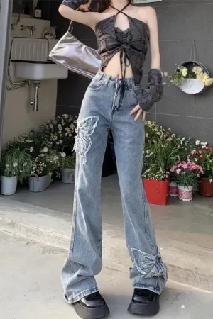 High Waist Lace Butterfly Pattern Jeans Pants