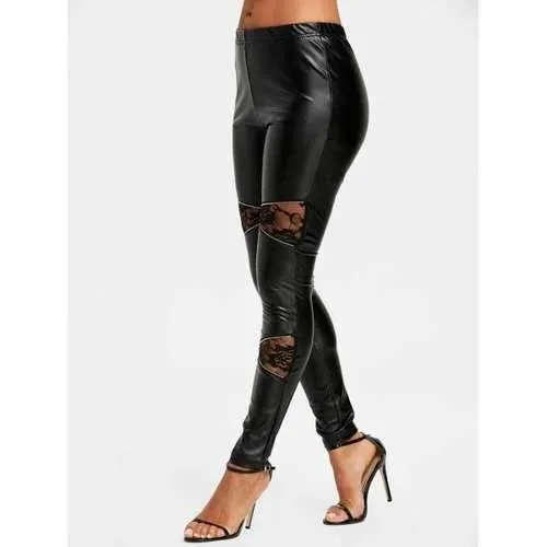 High Waisted Lace Insert Faux Leather Pants - Black M