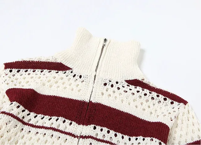 Hollow Stripe Crochet Crop Sweater – Y2K Full Sleeve Zip Knit Jacket